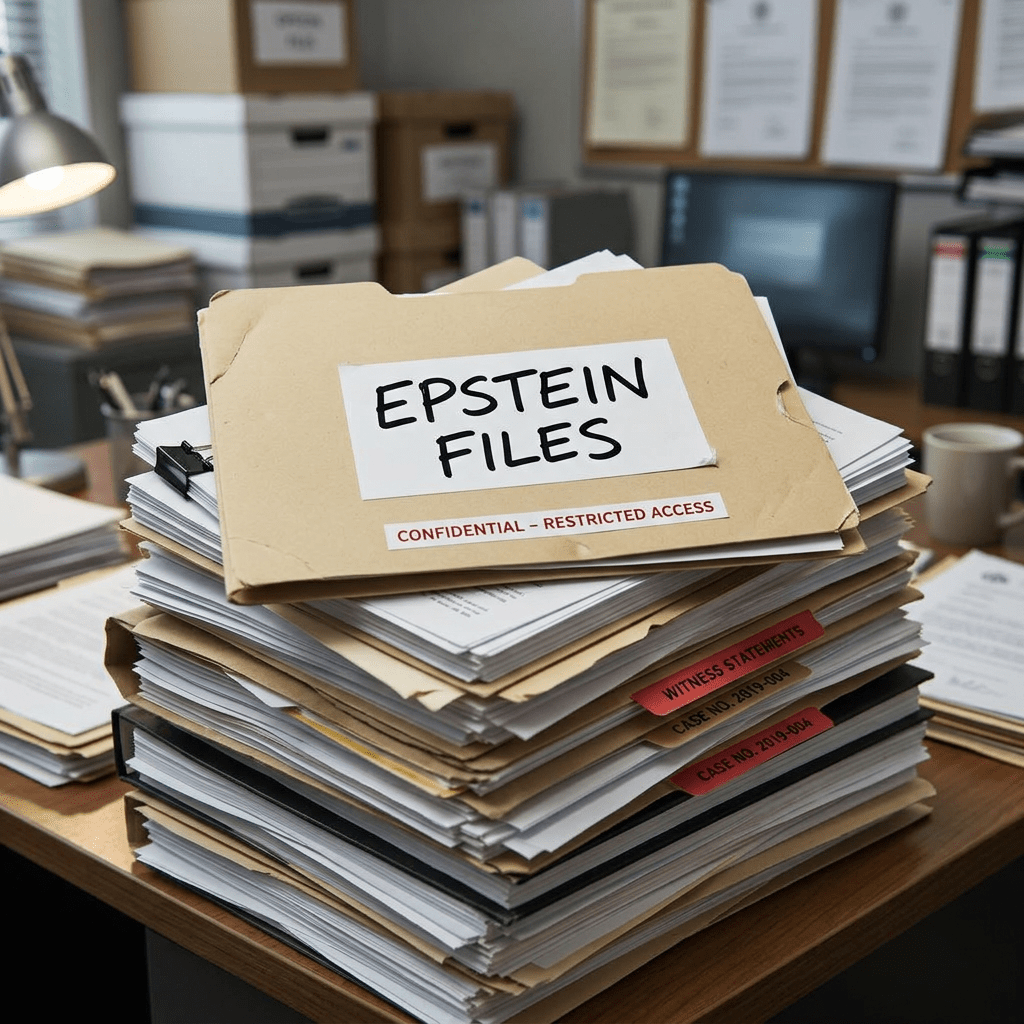 Stack of labeled folders and papers with 'Epstein Files' and 'Confidential - Restricted Access'